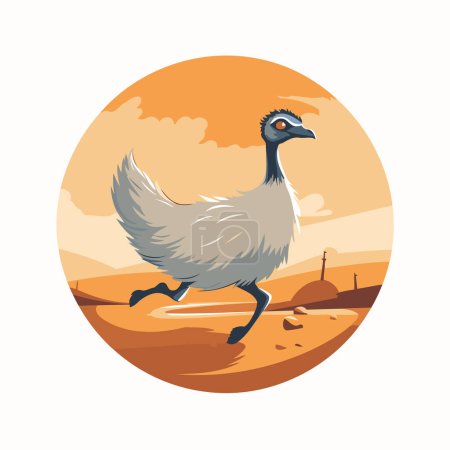 Téléchargez les illustrations : Oiseau Emu marchant dans le désert. Illustration vectorielle en style plat - en licence libre de droit