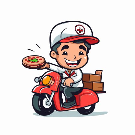Téléchargez les illustrations : Cartoon livreur de pizza sur scooter. Illustration vectorielle. - en licence libre de droit