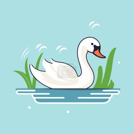 Téléchargez les illustrations : Cygne blanc nageant sur le lac. Illustration vectorielle en style plat - en licence libre de droit