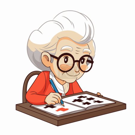 Ilustración de Una anciana sentada en la mesa y haciendo sus deberes. Ilustración vectorial. - Imagen libre de derechos