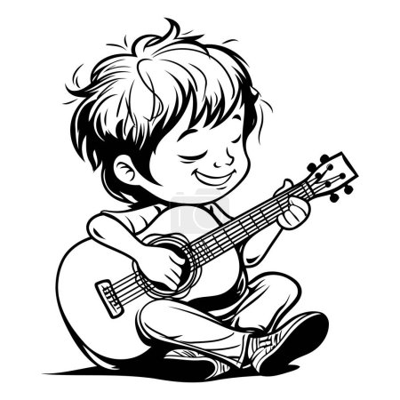 Téléchargez les illustrations : Un garçon jouant de l'ukulélé. Illustration vectorielle noir et blanc. - en licence libre de droit