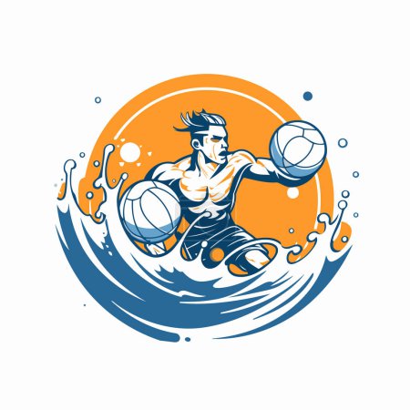 Téléchargez les illustrations : Joueur de volley-ball avec balle et éclaboussures. modèle de conception de logo vectoriel - en licence libre de droit