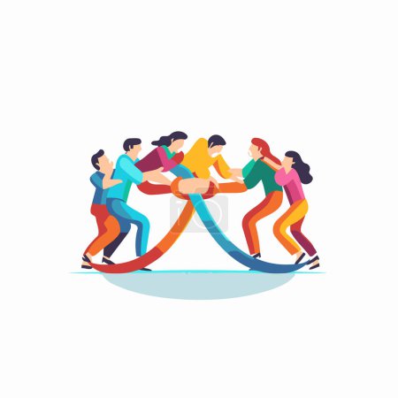 Illustration for Group of young people pulling rope. Teamwork concept. Flat vector illustration - Royalty Free Image