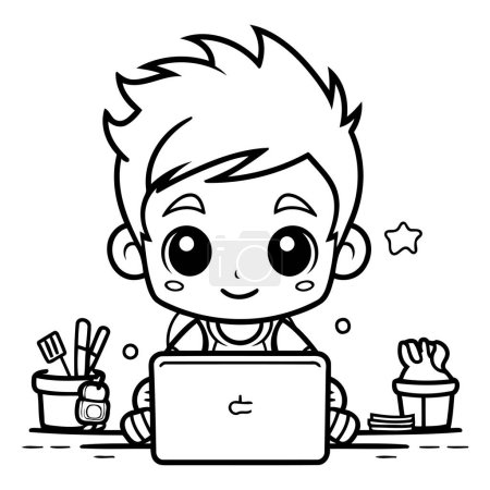 Illustration for Black and White Cartoon Illustration of Kid Boy Using Laptop for Coloring Book - Royalty Free Image