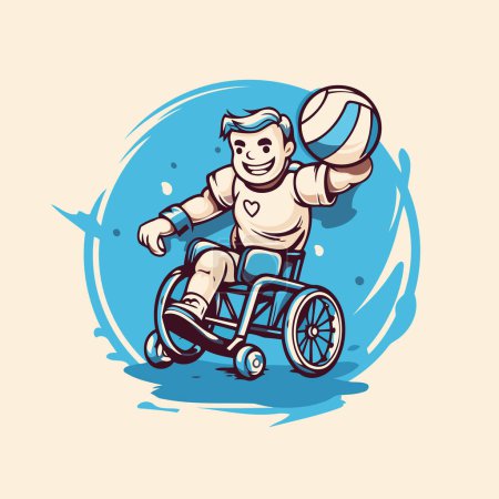Téléchargez les illustrations : Homme handicapé en fauteuil roulant jouant au volley-ball. Illustration vectorielle d'un homme en fauteuil roulant jouant au volleyball. - en licence libre de droit