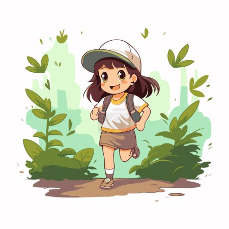 Téléchargez les illustrations : Petite fille mignonne avec sac à dos marchant dans le parc. Illustration vectorielle - en licence libre de droit