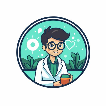 Illustration for Vector illustration of male scientist holding a cup of coffee in his hands. - Royalty Free Image
