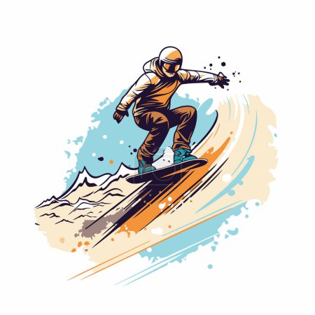 Téléchargez les illustrations : Snowboarder sautant sur snowboard. illustration vectorielle de sport extrême. - en licence libre de droit