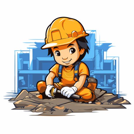 Téléchargez les illustrations : Illustration d'un garçon mignon travailleur de la construction tenant un marteau dans sa main - en licence libre de droit