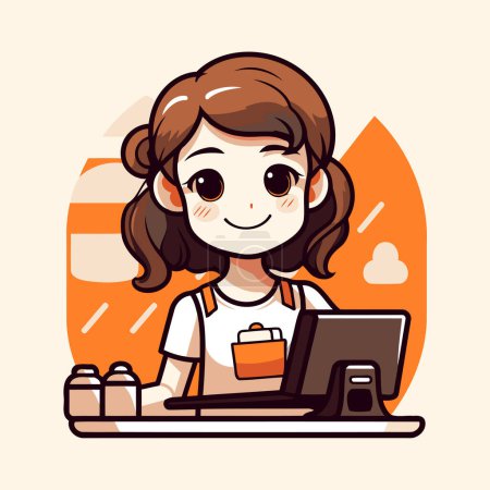 Illustration for Cute little girl working at home. Vector illustration in cartoon style. - Royalty Free Image