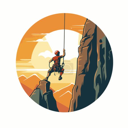 Illustration for Rock climber climbing on a cliff. Vector illustration in retro style - Royalty Free Image