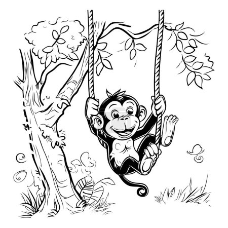 Illustration for Monkey swinging on a swing. black and white vector illustration. - Royalty Free Image
