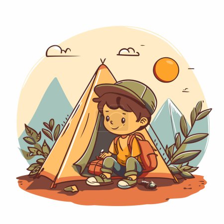 Illustration for Cute boy sitting near his tent. Vector illustration in cartoon style. - Royalty Free Image