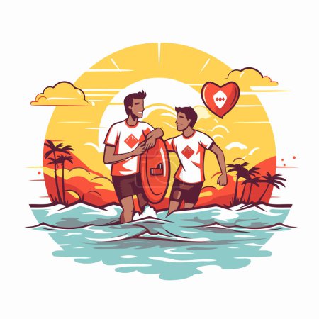 Illustration for Surfers on the beach. Vector illustration in flat style. - Royalty Free Image