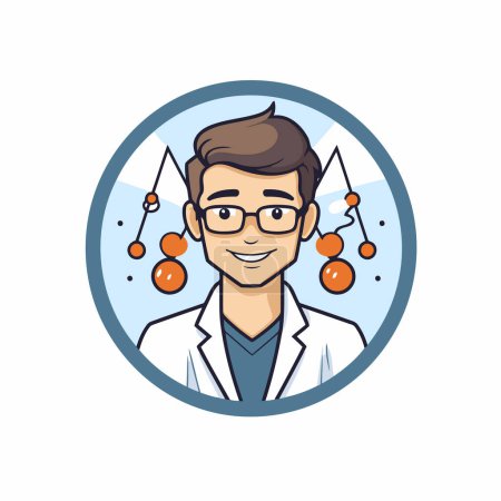 Illustration for Scientist in round icon. Vector illustration of a scientist in lab coat and glasses. - Royalty Free Image