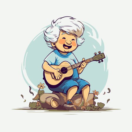 Téléchargez les illustrations : Vieille femme jouant de l'ukulélé. Illustration vectorielle d'une grand-mère jouant ukulélé. - en licence libre de droit