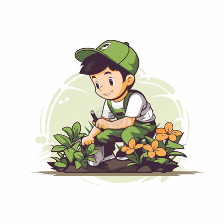Illustration for Gardener working in the garden. cartoon vector illustration isolated on white background. - Royalty Free Image