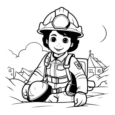 Ilustración de Ilustración de dibujos animados en blanco y negro del pequeño bombero o personaje de niña en uniforme y casco para colorear libro - Imagen libre de derechos