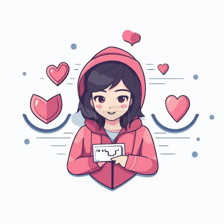 Illustration for Cute girl in pink hoodie holding a card. Vector illustration. - Royalty Free Image
