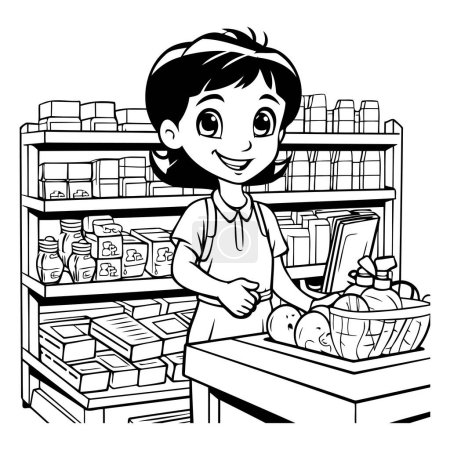 Illustration for Black and White Cartoon Illustration of Cute Little Girl Shopping in Supermarket or Grocery Store - Royalty Free Image