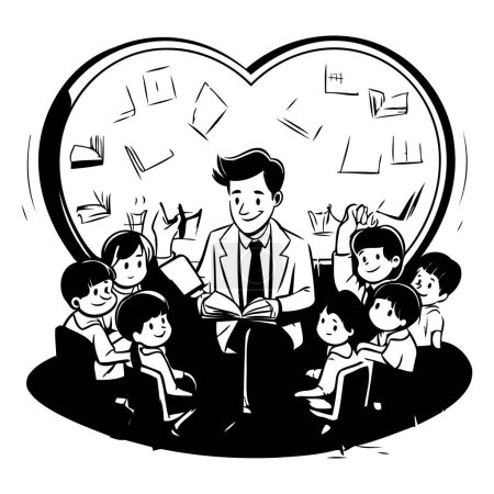 Téléchargez les illustrations : Illustration d'un enseignant et d'élèves lisant des livres en forme de cœur - en licence libre de droit