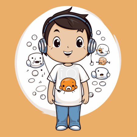 Illustration for Illustration of a Kid Boy Wearing Headphones Playing with Animals - Royalty Free Image