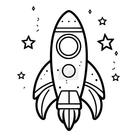 Ilustración de Tatuaje en estilo de línea negra de un cohete espacial con estrellas - Imagen libre de derechos