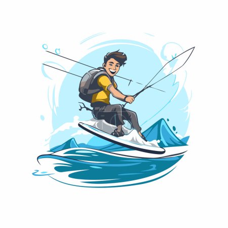 Ilustración de Hombre wakeboarding en el agua. Ilustración vectorial de un joven surfeando en las olas. - Imagen libre de derechos