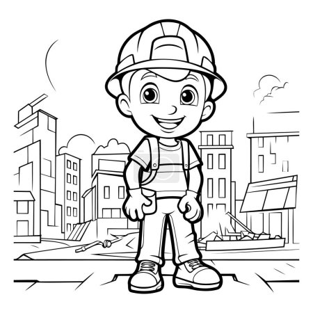 Illustration for Black and White Cartoon Illustration of Little Boy Construction Worker Character for Coloring Book - Royalty Free Image