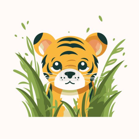 Téléchargez les illustrations : Mignon tigre en illustration vectorielle d'herbe. dessin animé plat personnage design. - en licence libre de droit