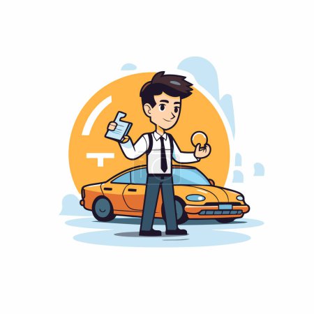 Téléchargez les illustrations : Homme d'affaires avec voiture et clé. Illustration vectorielle dans le style dessin animé. - en licence libre de droit