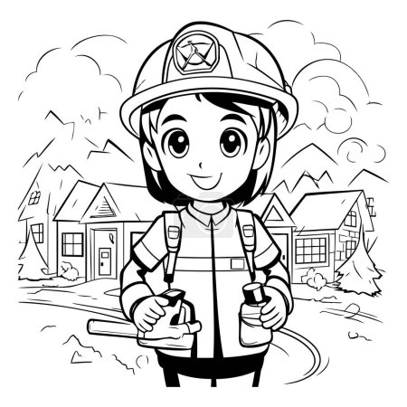 Ilustración de Ilustración de dibujos animados en blanco y negro de un bombero o personaje de bombero para colorear libro - Imagen libre de derechos