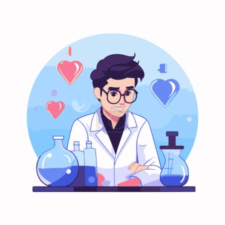 Illustration for Male scientist working on chemical experiment in laboratory. flat vector illustration. - Royalty Free Image