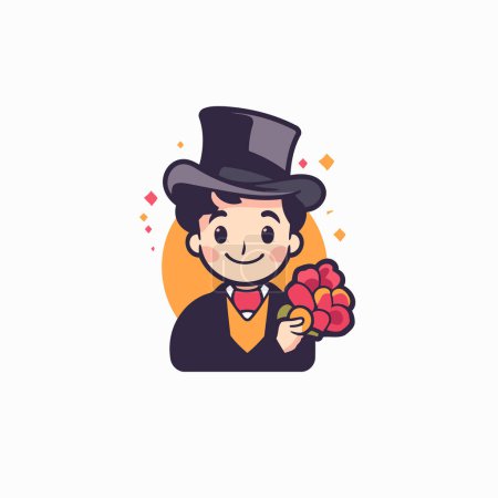 Illustration for Cute gentleman with a bouquet of flowers. Vector illustration. - Royalty Free Image