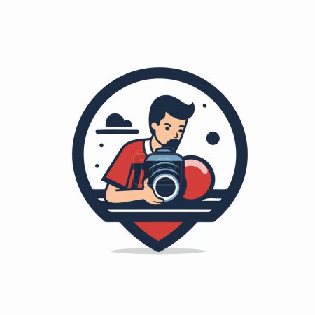 Illustration for Photographer with camera on map pointer. Flat design vector illustration. - Royalty Free Image