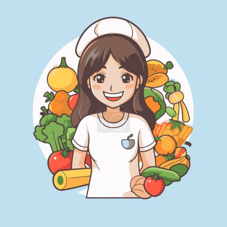 Téléchargez les illustrations : Illustration vectorielle de dessin animé d'une cuisinière souriante aux légumes et fruits - en licence libre de droit