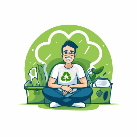 Illustration for Vector illustration of a man sitting in lotus position and thinking about recycling. - Royalty Free Image