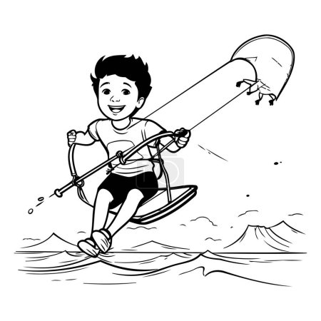 Illustration for Kitesurfing boy cartoon black and white vector illustration graphic design - Royalty Free Image