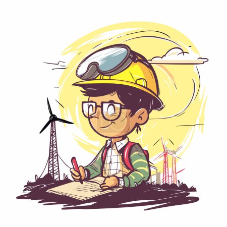 Illustration for Engineer boy in yellow helmet drawing in sketchbook. Vector illustration. - Royalty Free Image