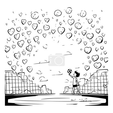 Ilustración de Ilustración vectorial en blanco y negro de un hombre caminando por la calle con corazones a su alrededor - Imagen libre de derechos