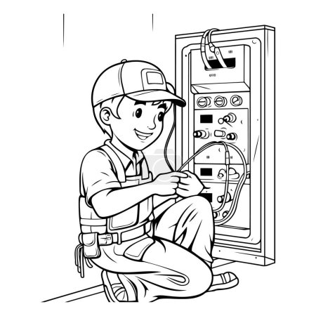 Illustration for Electrician at work in front of the electrical panel. Vector illustration - Royalty Free Image