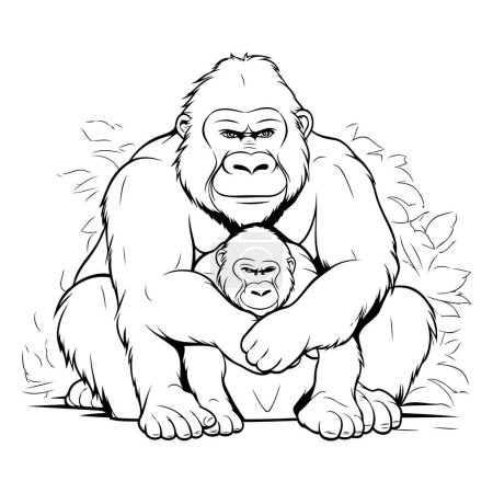 Ilustración de Madre gorila con bebé. Ilustración vectorial para colorear libro. - Imagen libre de derechos