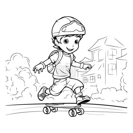 Téléchargez les illustrations : Garçon faisant du skateboard sur la route. Livre à colorier pour enfants - en licence libre de droit