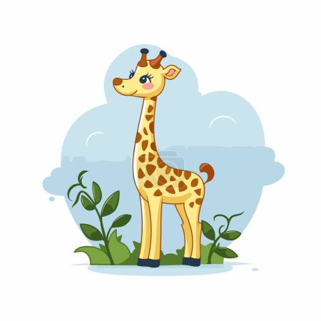 Ilustración de Linda jirafa de dibujos animados de pie en la hierba. Ilustración vectorial. - Imagen libre de derechos