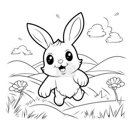 Ilustración de Conejo corriendo en la hierba - ilustración vectorial en blanco y negro para colorear libro - Imagen libre de derechos