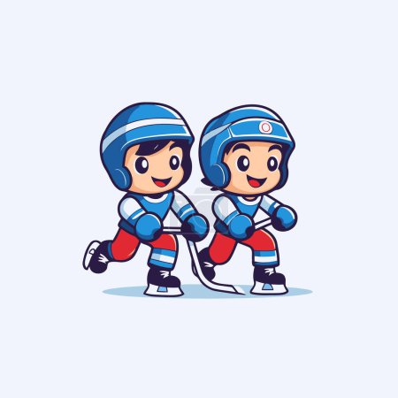 Lindo chico y chica jugando hockey sobre hielo. Dibujos animados vectoriales ilustración.