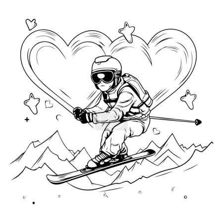 Téléchargez les illustrations : Ski dans les montagnes. Illustration vectorielle monochrome. - en licence libre de droit