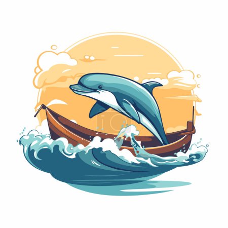 Ilustración de Delfín saltando del barco en el mar. ilustración vectorial - Imagen libre de derechos