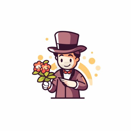 Téléchargez les illustrations : Messieurs avec des fleurs et un chapeau. Illustration vectorielle dans le style dessin animé - en licence libre de droit