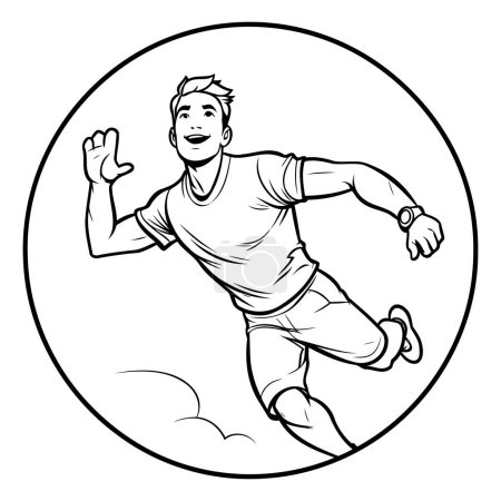 Téléchargez les illustrations : Illustration d'un footballeur courant avec un ballon placé à l'intérieur du cercle sur fond isolé fait dans un style de dessin animé. - en licence libre de droit